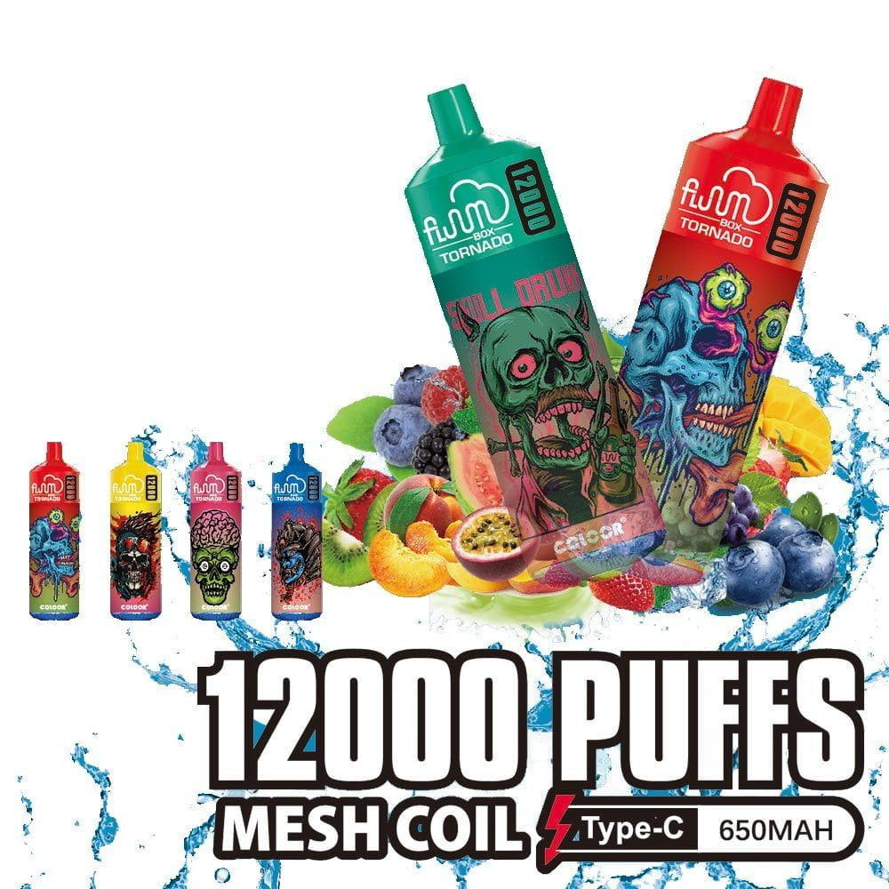 Disposable Vape Fluum box 12K Puffs Tornado Vaper Bang Device Mesh Coil E-Cigarette 0% 2% 3% 5% Stock 12 Flavors Vape