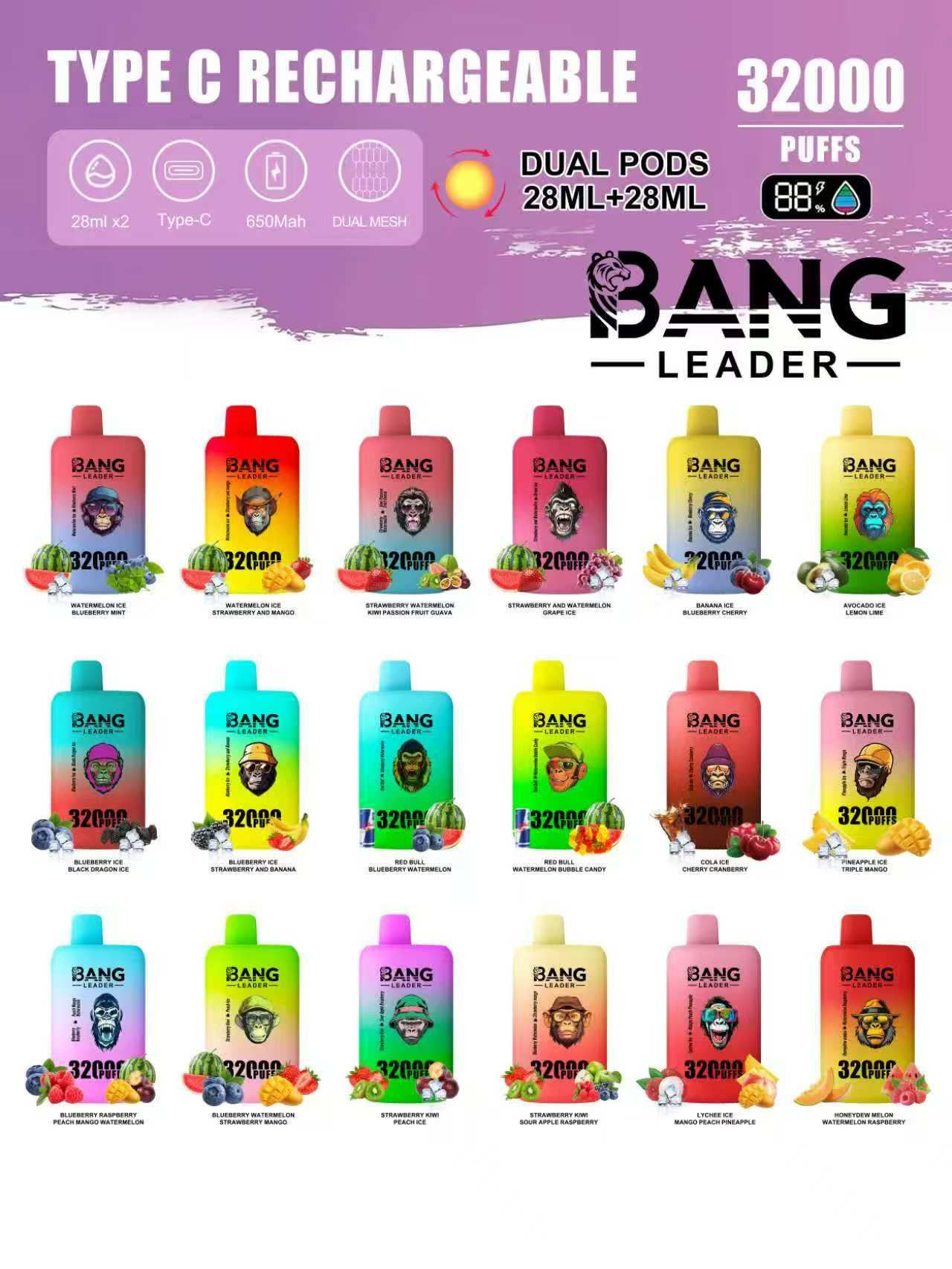 Bang Leader 32000 Puffs Vape Pen Disposable Vape 56ml E-Liquid Dual Tank Wholesale Electric Cigarette Puff  vape