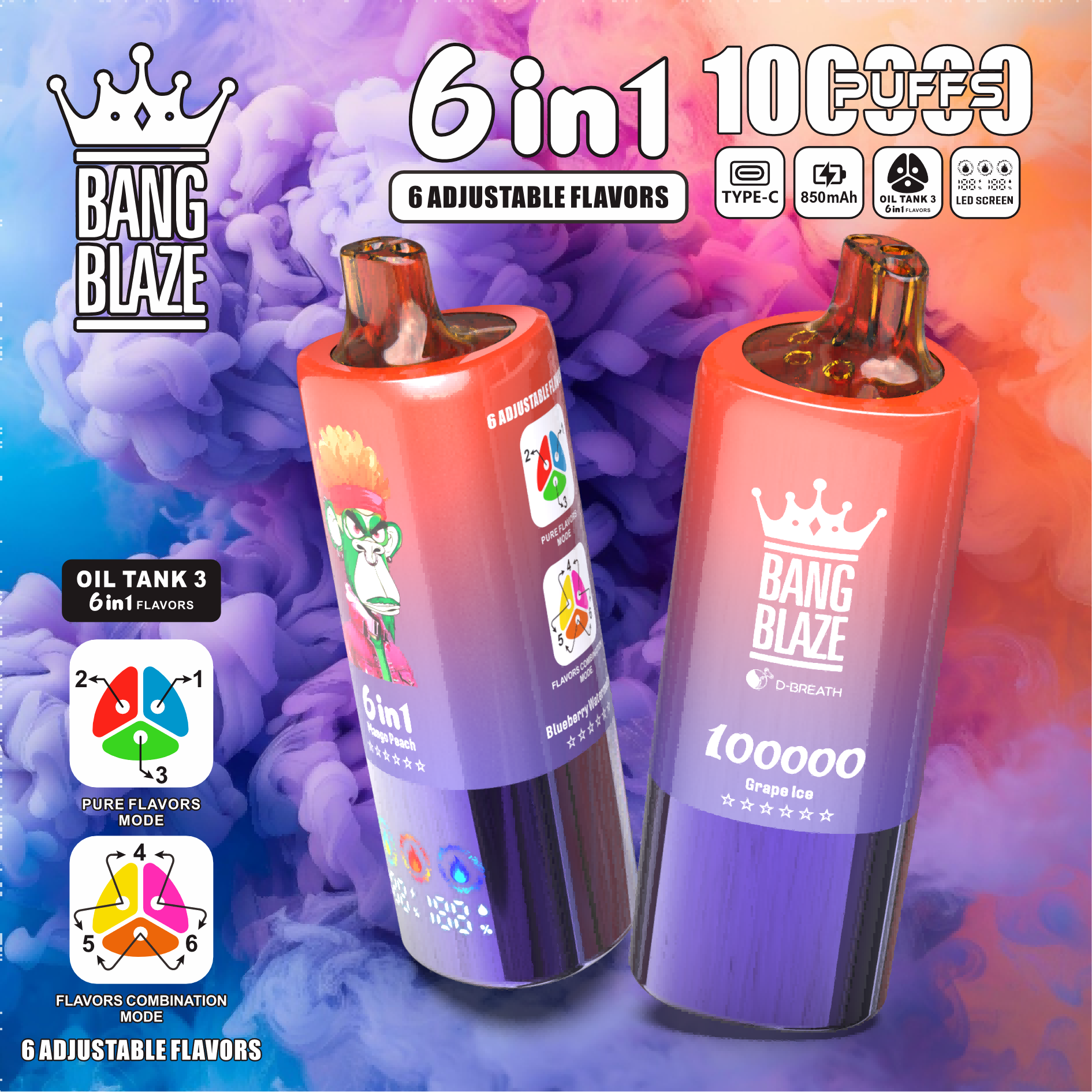 Bangking 100k puffs vape with 6 adjustment flavors wholesale disposable e-cigarette big smoking puffs